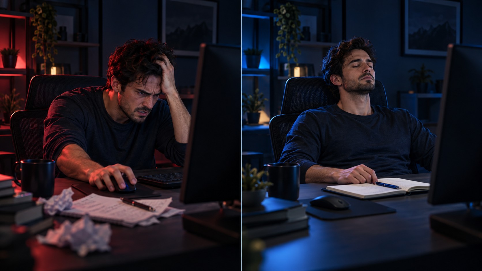Two traders react to the same loss: Trader 1 reaches for the mouse in frustration while Trader 2 pauses and takes a breath.